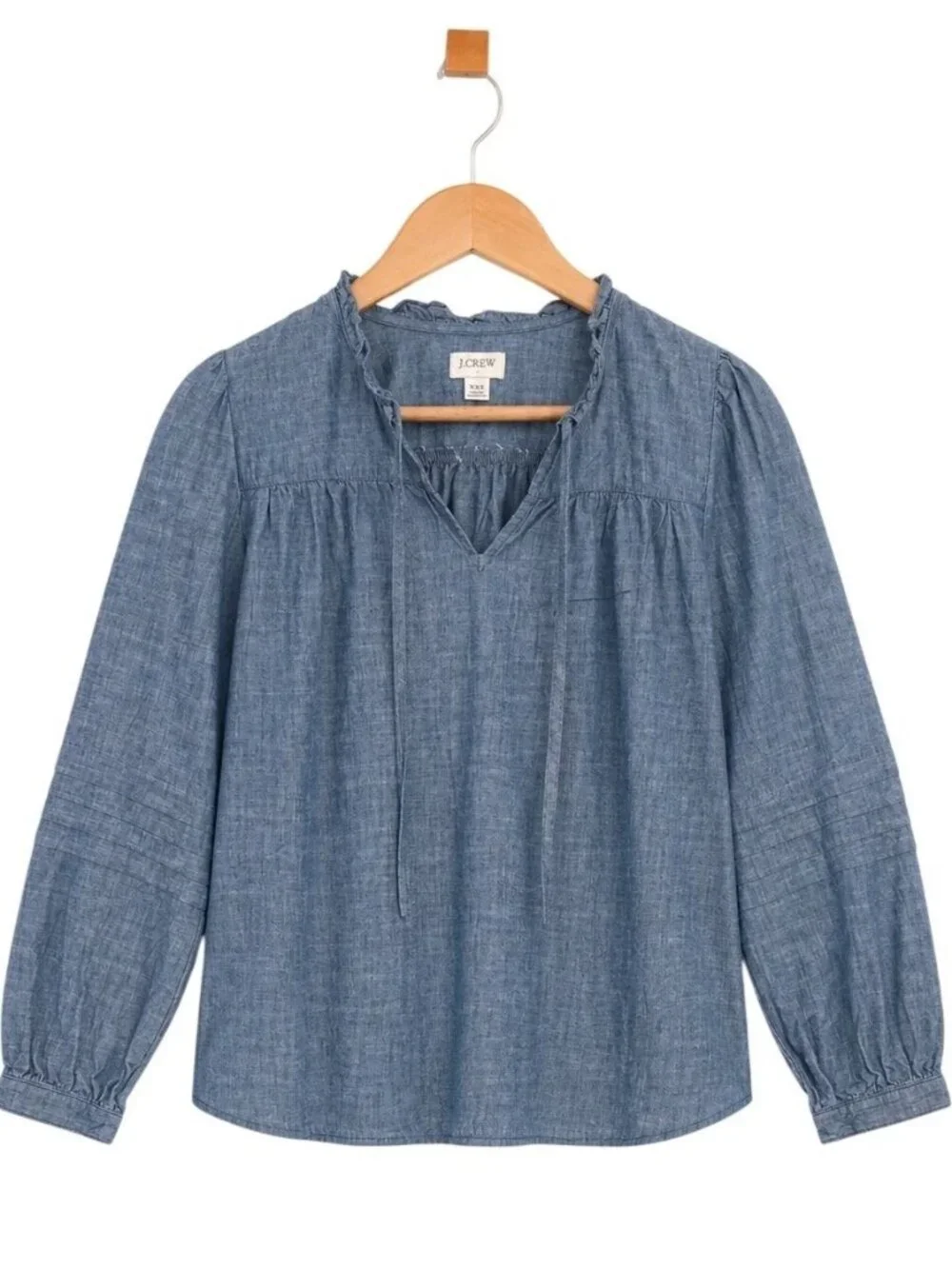 J.Crew Popover Chambray Ruffle Neck Peasant Top Womens XXS Long Sleeve Cotton - Picture 5 of 16